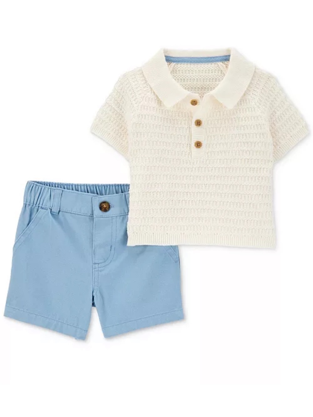 Carter's Cream Knit Polo and Light Blue Shorts Set